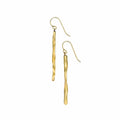 a pair of 14 karat gold drop earrings with a graceful twisting pattern hand fabricated by jewelry artist Michelle Hoting using the Mitsuro Hikime technique